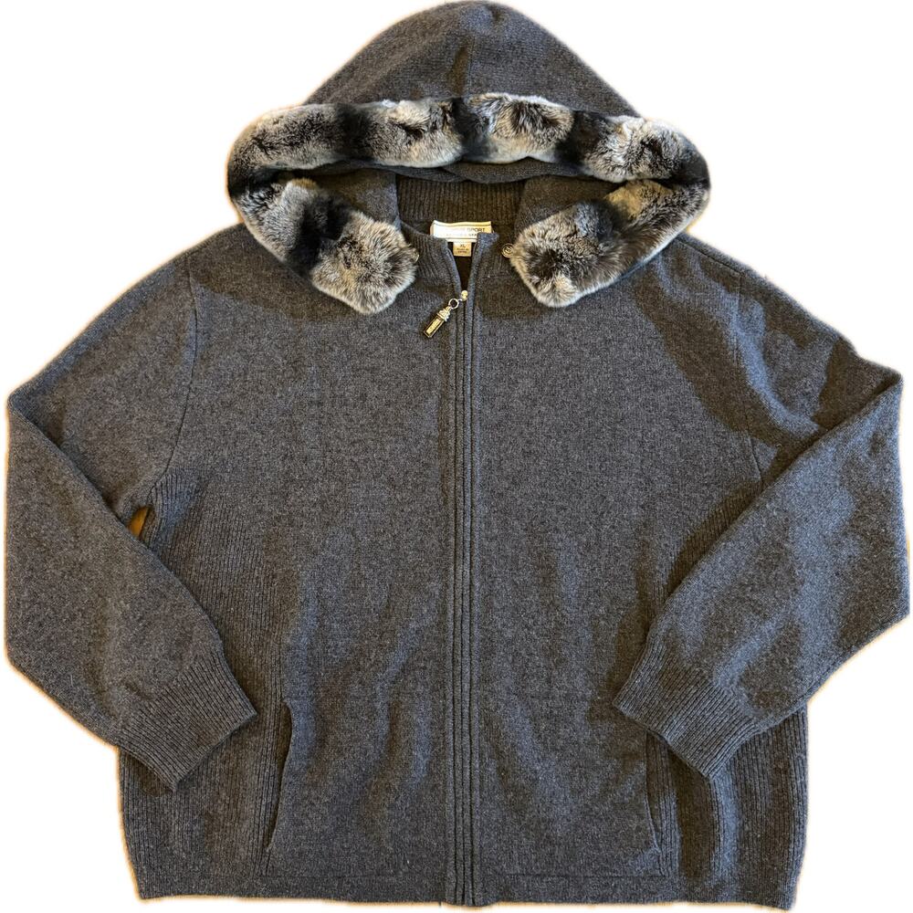 St. John Sport Womens 100% Cashmere Sweater Jacket Gray Full Zip‎ Fur Trim XL